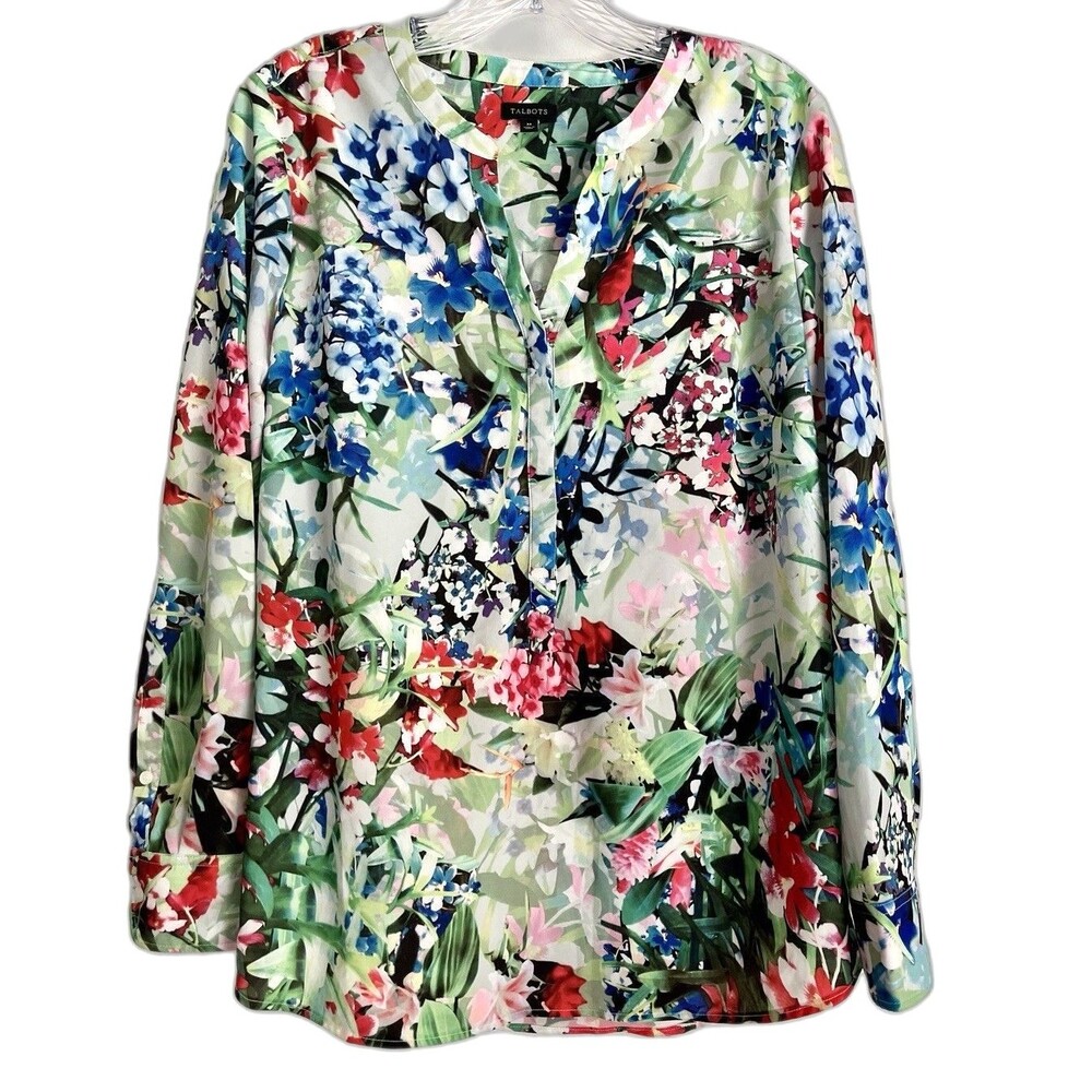 Talbots Floral Blouse M Long Sleeve Colorful Modest Wedding Guest Cottagecore
